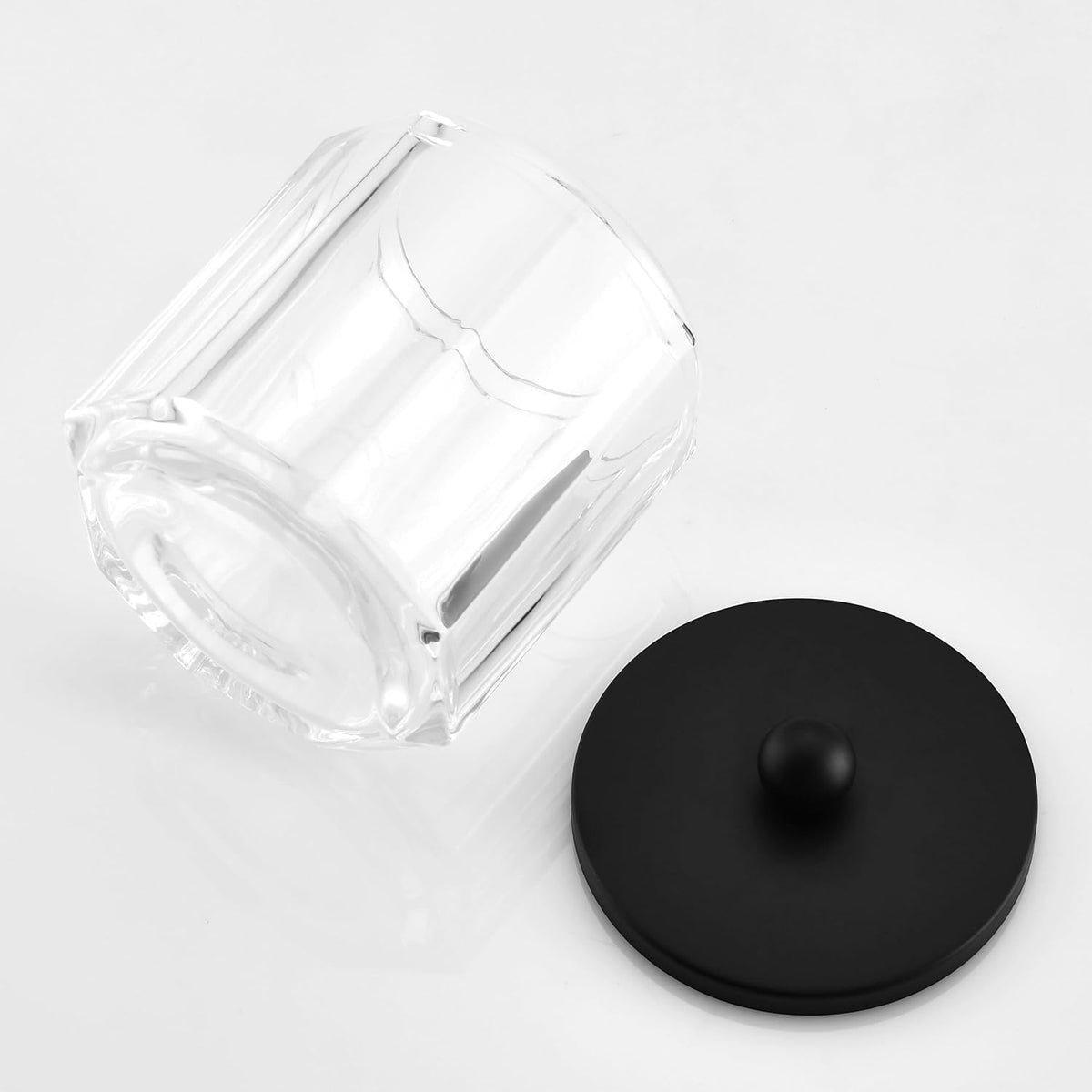 Home Glass Cotton Jar Holder Matte Black Lid, Elegant Bathroom Storage Canister for Qtips, Cotton Balls, Floss, Makeup Organizer, Vanity Bathroom Organization