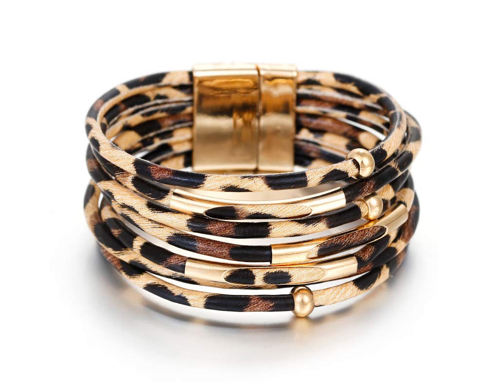 Fesciory Leather Wrap Bracelets for Women, Multi-Layered Boho Leopard Cuff Bracelet Western Jewelry (Brown Leopard)
