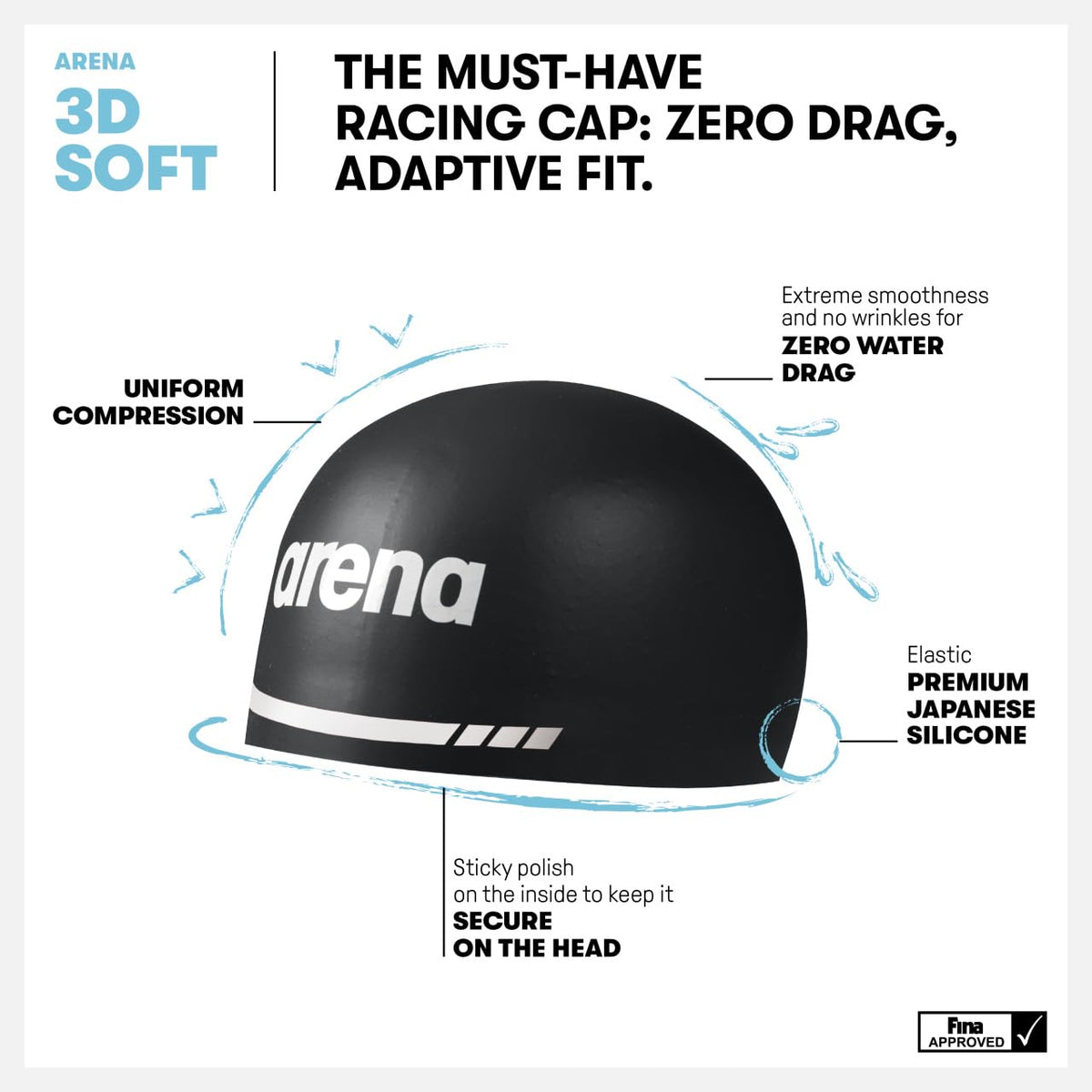 Arena 3D Soft USA Unisex Adult Silicone Swim Cap for Men and Women Swimming Pool Practice and Racing Swim Kit, Black, Large