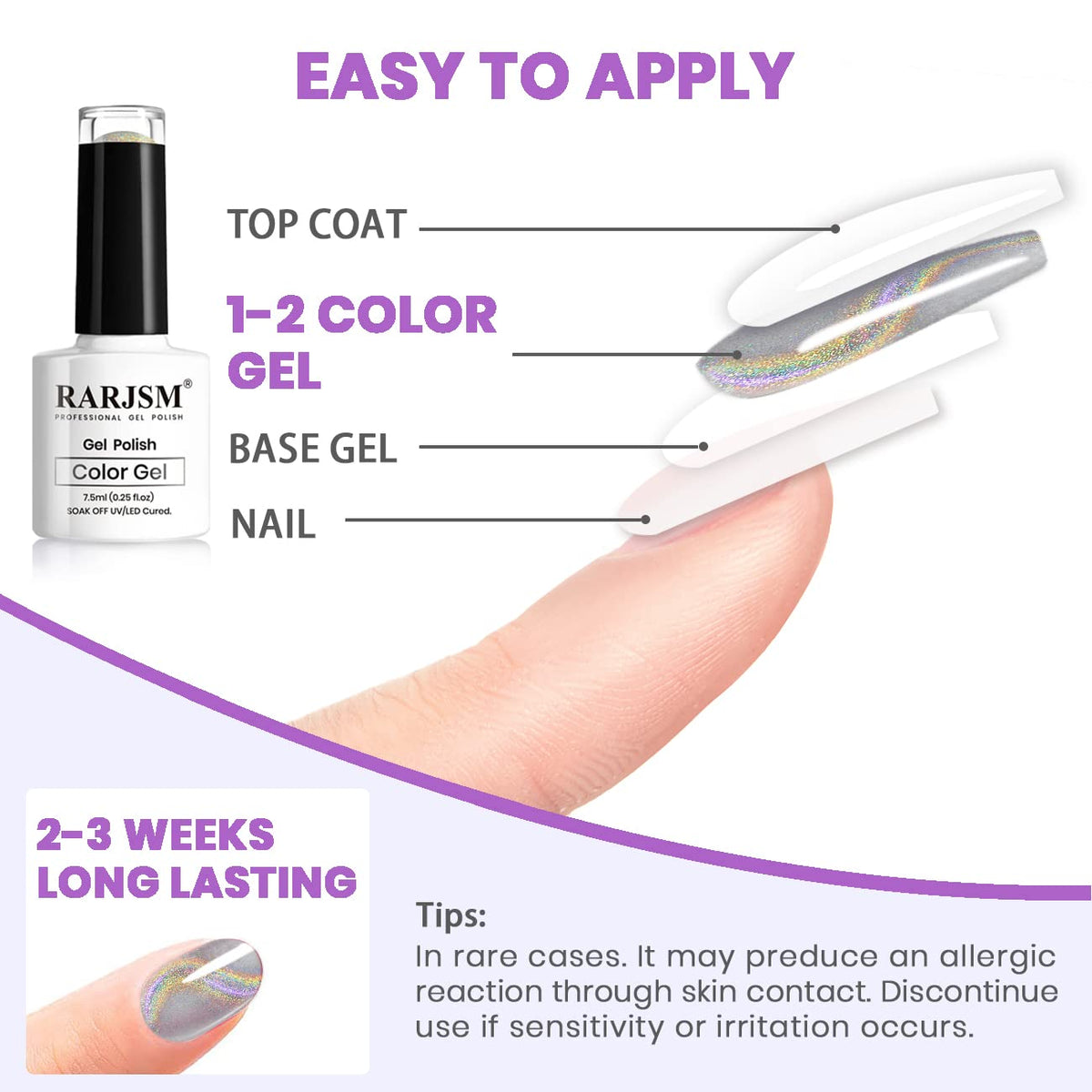 RARJSM Silver Holographic Glitter Gel Cat Eye Gel Nail Polish, Gelpolish Galaxy Rainbow Effect Universal Without Magnet Soak Off U V L E D DIY Manicure Art for Salon Designs and Home DIY 7.5ML