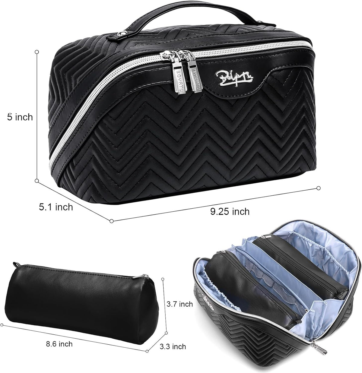Travel Makeup Bags Cosmetic Organizer Bag: Quilted Make up Bag Set of 3 - PU Leather Toiletry Bags for Women - Portable Makeup Organizer with Compartments & Handle & Divider (14 Black New)