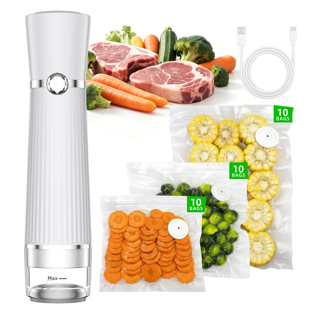 Vacuum Sealer for Food, Handheld Saver Compact Vacuum Sealer Machine with 30 Reusable Bags for 10X Preservation & Fresh