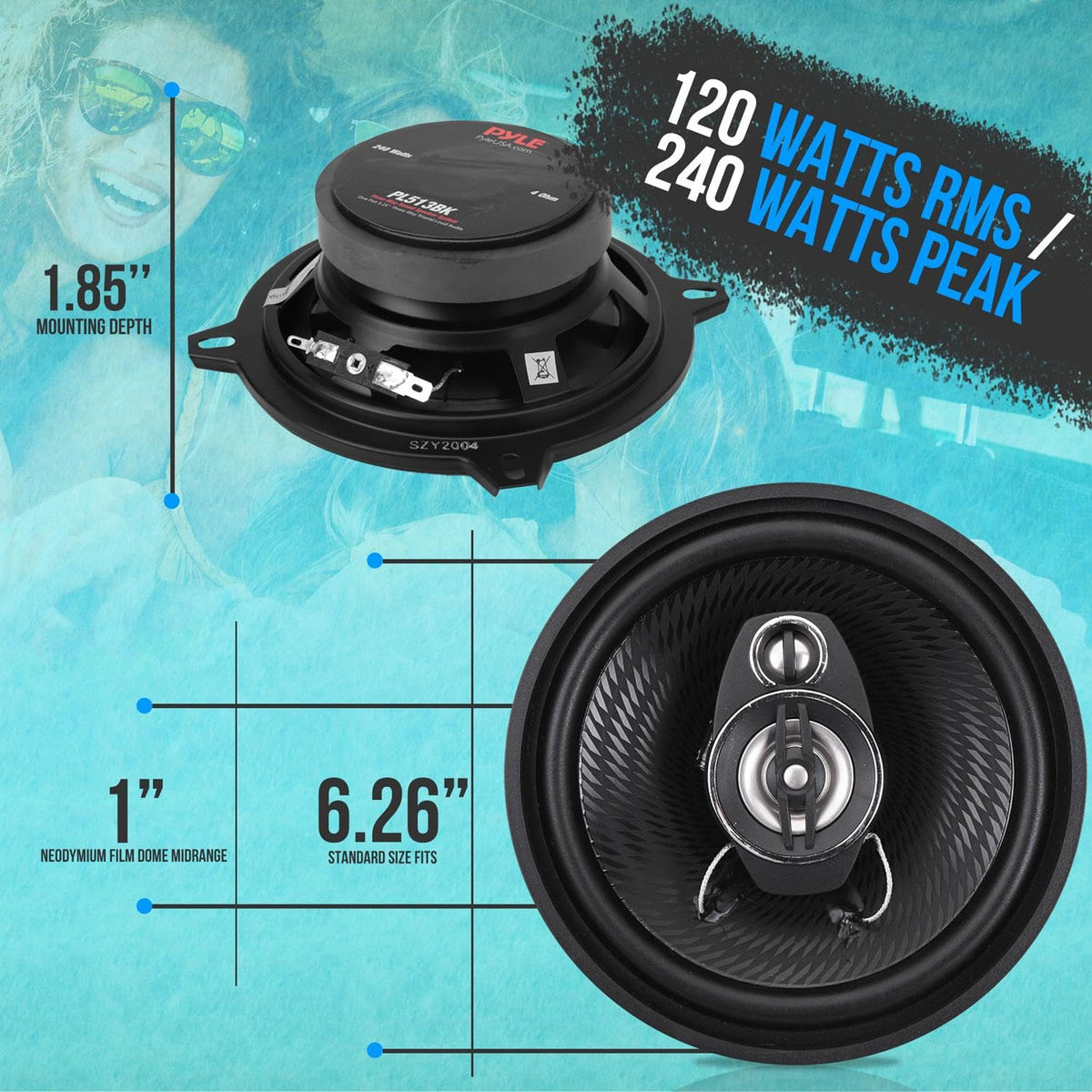 Pyle 3-Way Universal Car Stereo Speakers-240W 5.25" Triaxial Loud Pro Audio Car Speaker-Universal OEM Quick Replacement Component Speaker Vehicle Door/Side Panel Mount Compatible PL513BK (Pair), Black