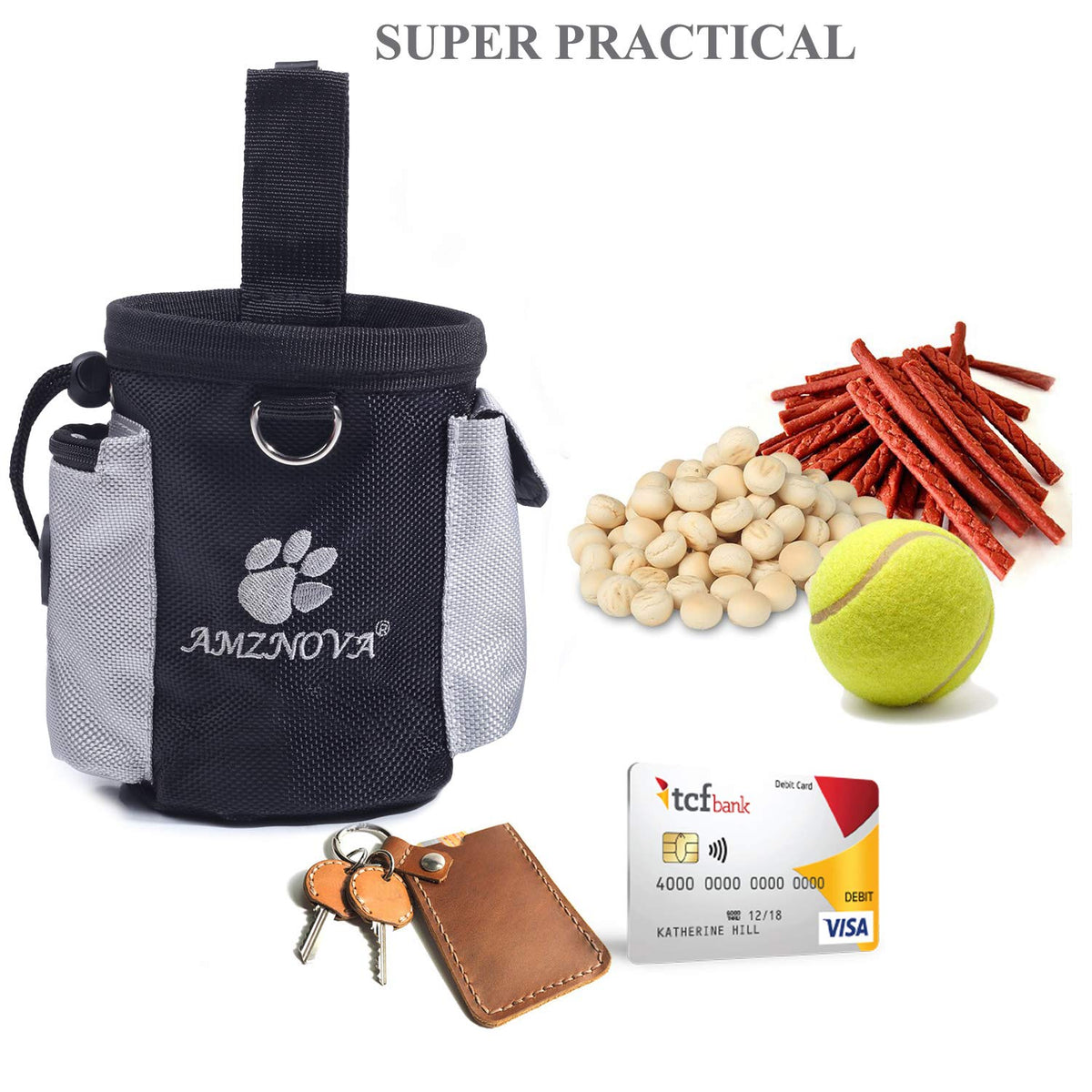 AMZNOVA Dog Treat Bag, Puppy Training Pouch, 3 Cups Animal Walking Snack Container Best Hiking Toys Pack Dispenser Carries with Waistband, Black