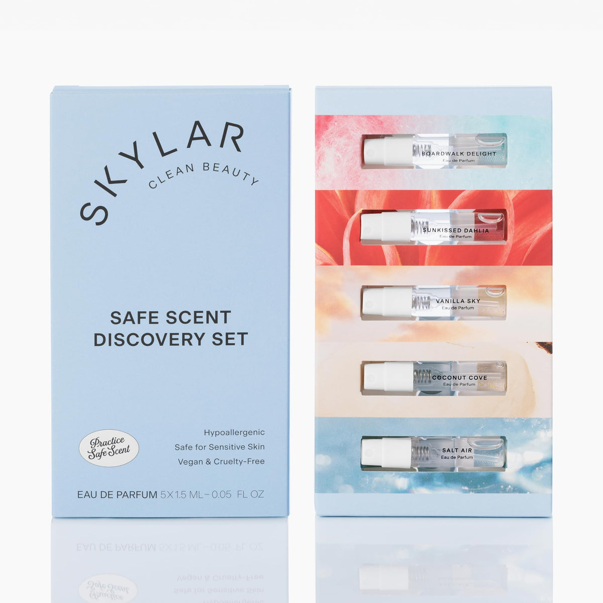 Skylar Perfume Discovery Spray Sampler Set - Boardwalk Delight, Sunkissed Dahlia, Vanilla Sky, Salt Air, Coconut Cove - Hypoallergenic & Clean Perfume for Women & Men - 5 1.5mL