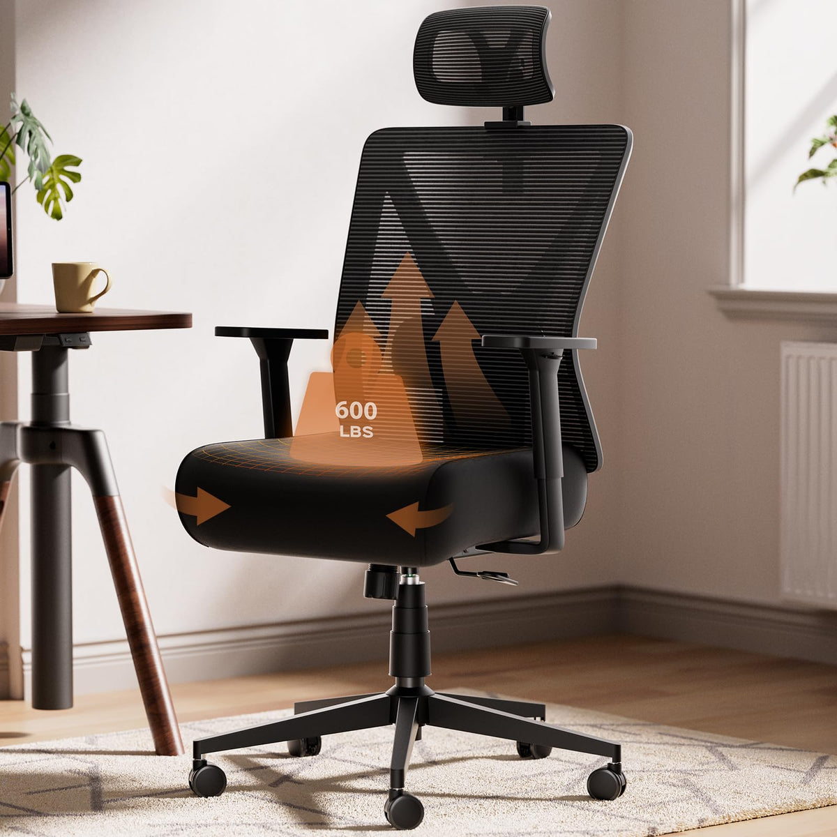 Dowinx Big and Tall Office Chair 600lbs,Ergonomic High Back Computer Desk Chair with Wide Thick Seat Cushion,Adjustable Lumbar Support and Backrest,Metal Base,Black