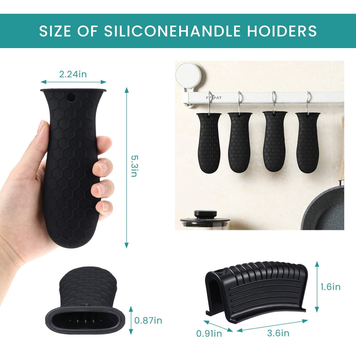 Patelai 8 Pcs Silicone Pot Holders Set Cast Iron Handle Cover Heat Resistant Pot Handle Covers Potholder Non Slip Reusable Pan Sleeve for Frying Pan Kitchen Supplies(Black)