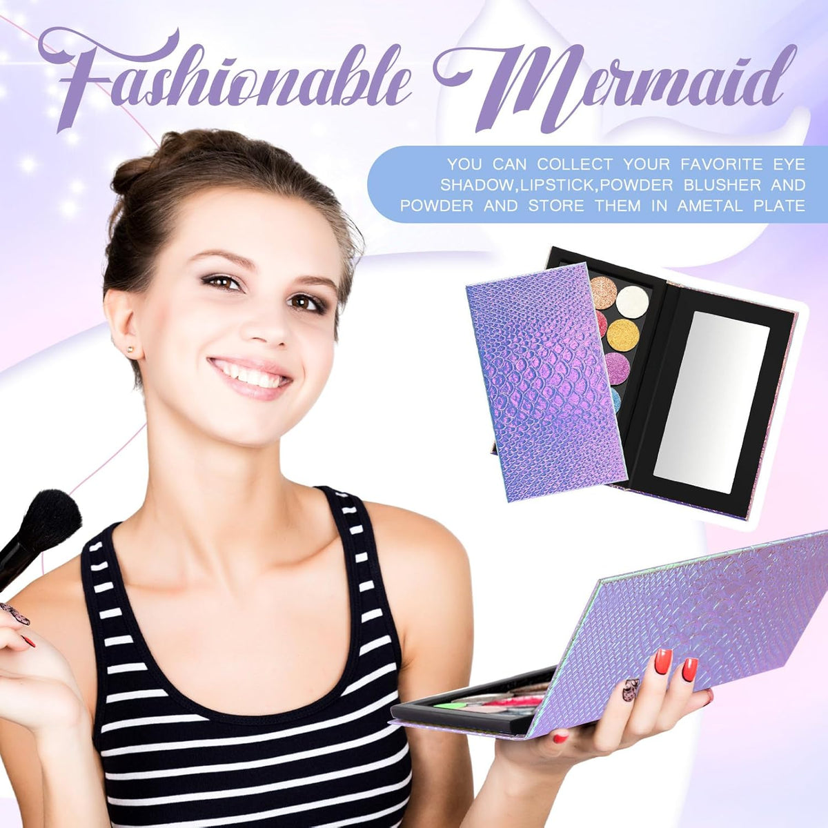 2 Pieces Magnetic Palette Mermaid Empty Palette with Mirror and 36 Pcs Adhesive Metal Empty Palette Stickers Large Mermaid Makeup Empty Palette for Eyeshadow Lipstick Blush Powder