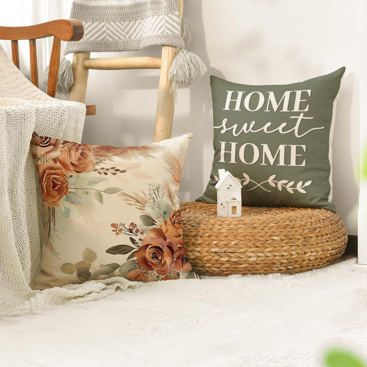 AVOIN colorlife Home Sweet Home Terracotta Sage Throw Pillow Covers, 18 x 18 Inch Seasonal Fall Eucalyptus Floral Motto Cushion Case for Sofa Couch Set of 4