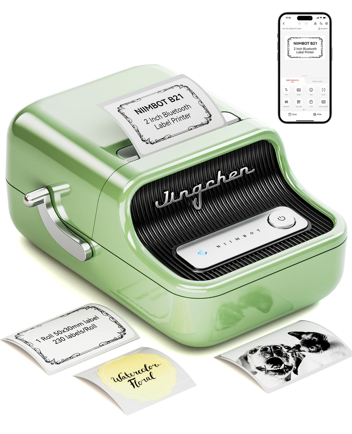 NIIMBOT B21 Label Maker Inkless Bluetooth Label Printer, 2 Inch Portable Thermal Sticker Machine for Small Business, Address, Logo, Clothing, Mailing, Candles, Jewelry, Sticker Printer for Gift, Green