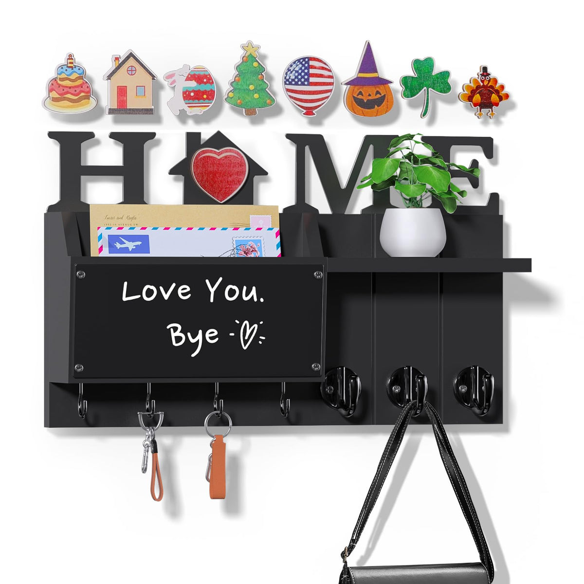 Key Holder Wall Mount Decorative - Hanging Mail Organizer for Wall with Message Center - Wood Key Shelf Rack with 7 Hooks for Dog Leash Wallet - Modern Keys Hanger for Entryway Home Decor Black