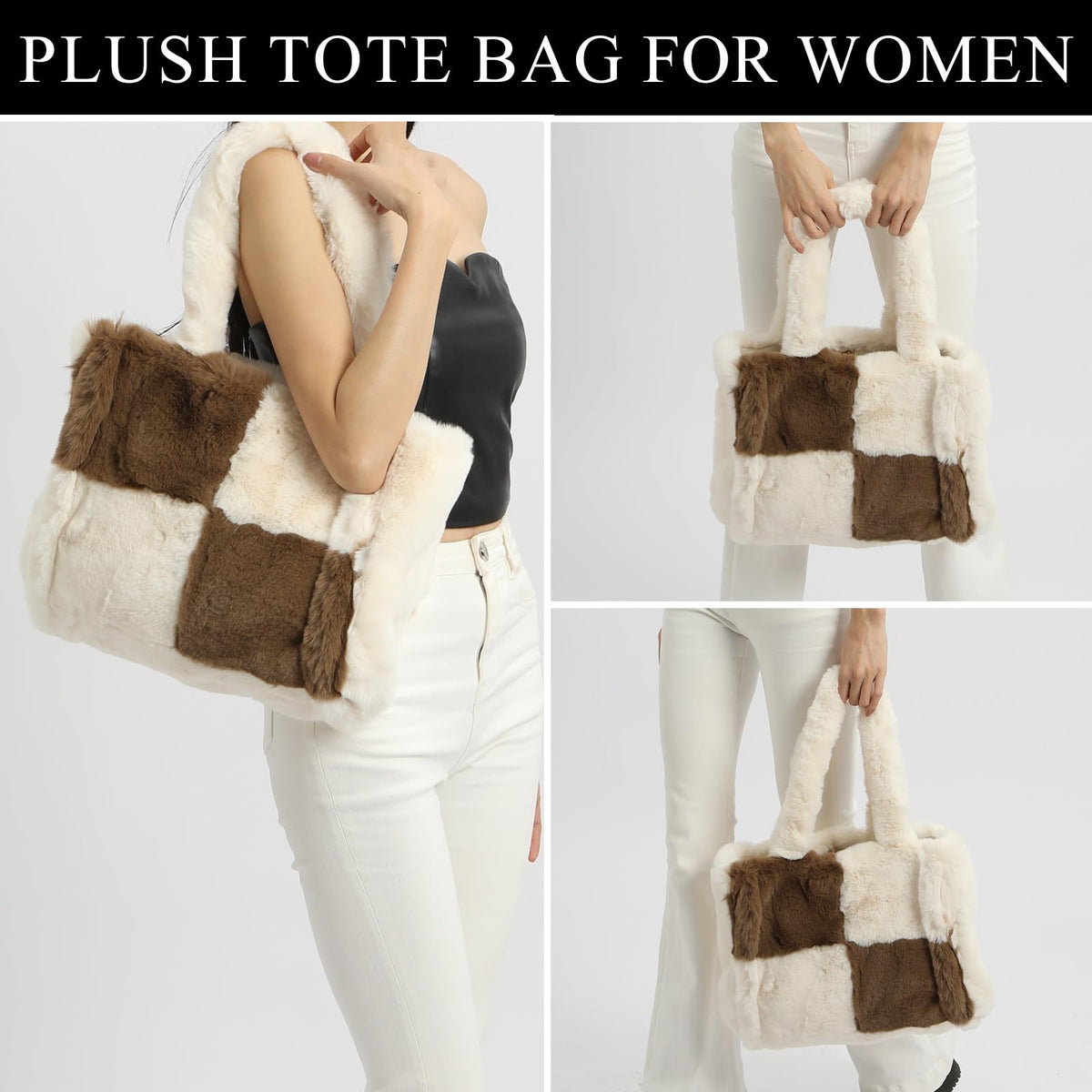 Extolove Fluffy Tote Bags Winter Furry Purse for Women Y2K Faux Fur Bag Fuzzy Shoulder Handbag (White with Coffee)