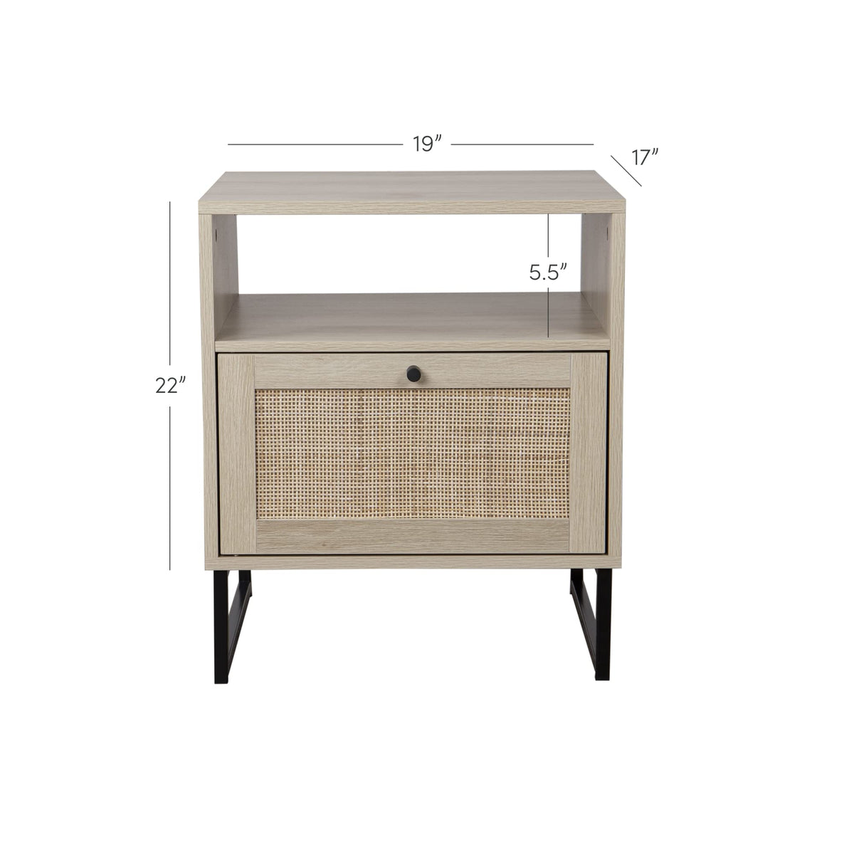 Nathan James Mina Rattan Wood End Side Accent Table Nightstand with Storage for Living Room or Bedroom, 1, Oak/Black