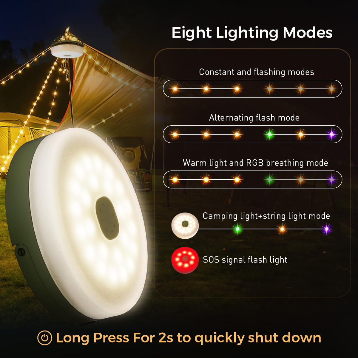 KUQIHUG Camping String Lights, 2 in 1 Quick Storage 32.8FT Rechargeable Tent Lights String with 8 Modes, Hanging Waterproof Portable LED Lamp for Outdoor Patio Awning Garden Party Essentials
