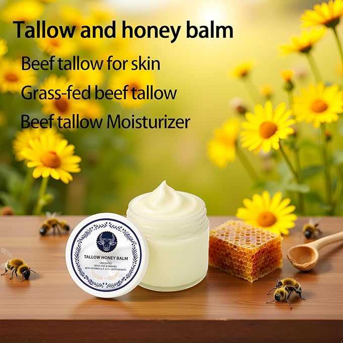 wuliao Grass Fed Tallow & Honey Balm – Organic Whipped Beef Tallow Cream with Manuka Honey, Cold-Pressed Olive Oil & Beeswax – Natural Face & Body Moisturizer for Dry, Sensitive Skin