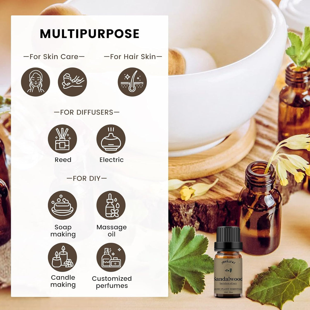 yethious Jasmine Sandalwood Essential Oil 100% Pure Organic Essential Oil Set for Aromatherapy Diffuser, Soap, Candle Making
