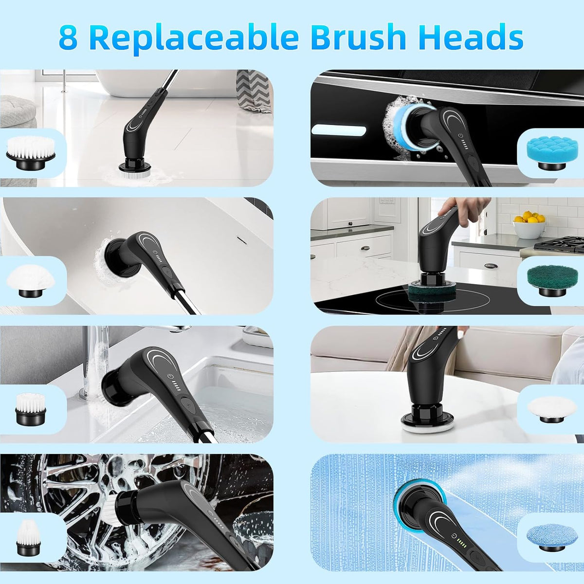 Black Electric Spin Scrubber, Cordless Spin Scrubber with 8 Replaceable Brush Heads, Electric Scrub Brush with Adjustable Extension Handle, Electric Cleaning Brush for Bathroom, Tile and Bathtub