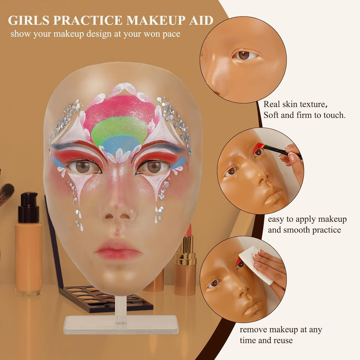 Make Up Practice Face, Face Painting Mannequin Head with Stand, 5D Reusable Silicone Face Practice Board, Mannequin Head for Makeup with Makeup Kit, Practice Face for Makeup Artist & Beginner, Brown