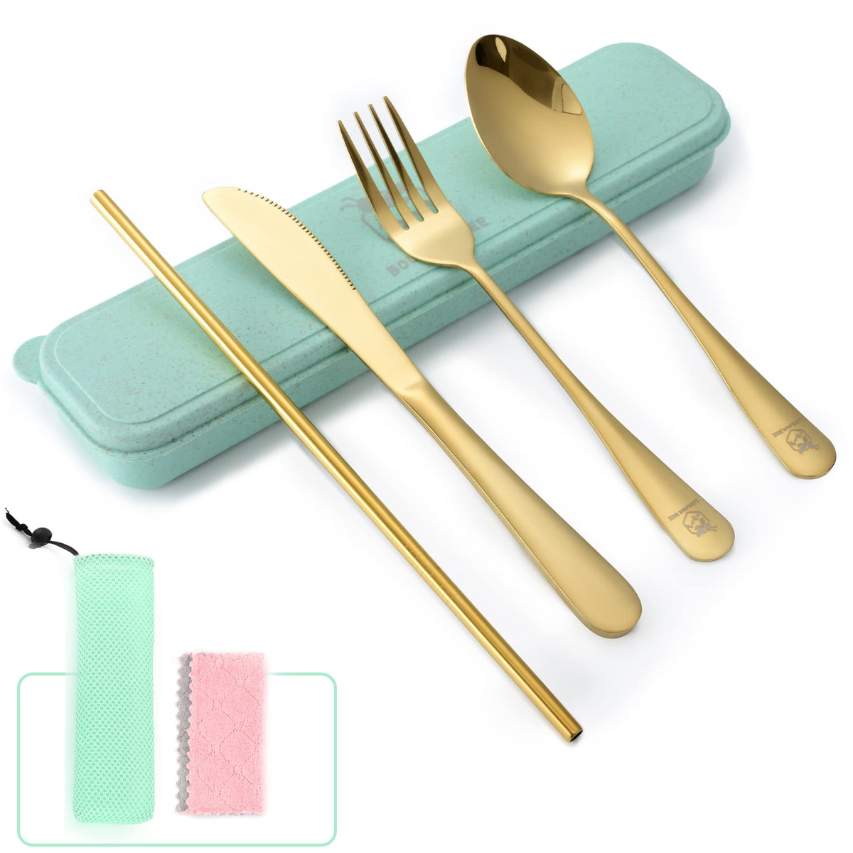 Boulder Bee Travel Utensils | Reusable Camping Cutlery | Stainless Steel Flatware | Portable Silverware Set with Case | Includes Knife/Fork/Spoon/Straw/Cleaning Cloth (Rose Gold)