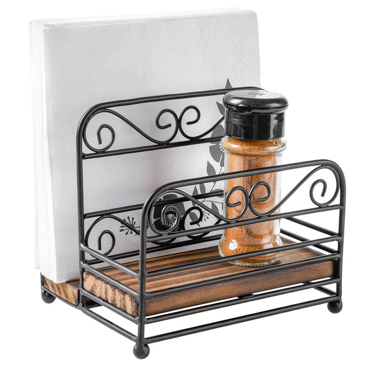 MyGift 2-in-1 Disposable Napkin and Salt & Pepper Caddy, Black Metal Vintage Scrollwork Dinner Table Paper Towel Condiment Holder with Rustic Burnt Solid Wood Base