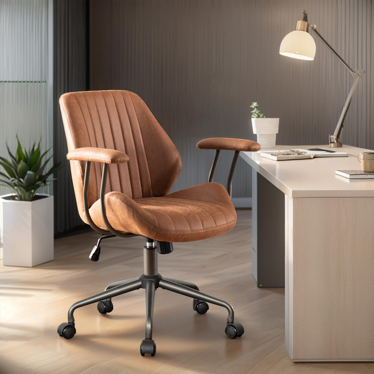 Home Office Desk Chair Adjustable Height, Ergonomic Executive Office Chair with Armrests, Rolling Comfy Desk Chair with Lumbar Support, Mid Century Modern Suede Leather, Brown
