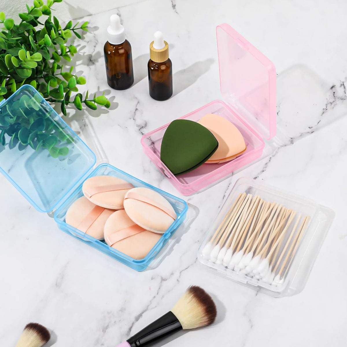 3-Piece Portable Travel Pad Holder - Bathroom Countertop Storage Organizer - Cotton Pad, Swab, Floss Dispenser (Blue, Pink, Transparent)