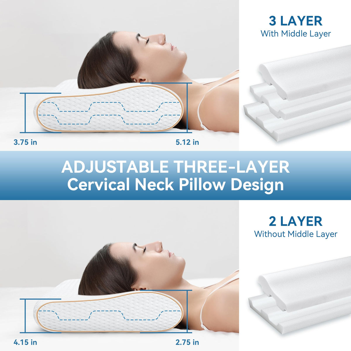 zibroges Sandwich Memory Foam Pillow for Sleeping - Ergonomic Cervical Cooling Pillows Queen Size, Adjustable Contour Pillow for Neck Pain Relief, Bed Pillow for Side, Back & Stomach Sleepers