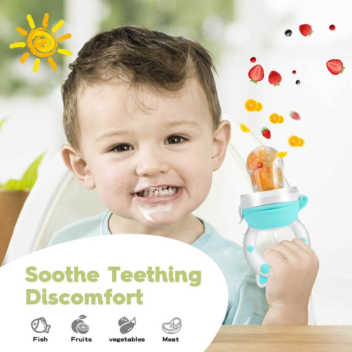 Baby Fruit Food Feeder Pacifier - Fresh Teething Pacifiers, Infant Fruit Teething Teether Toy for 3-24 Months, 6 Pcs Silicone Pouches for Toddlers & Kids & Babies, Piggy Handle 2-Pack (Pink & Gray)
