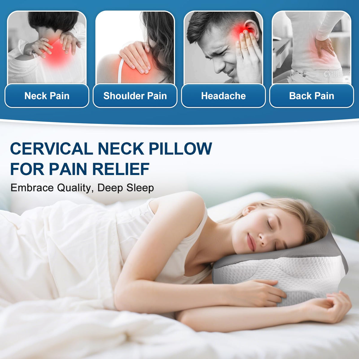 Cervical Neck Pillow for Pain Relief, Ergonomic Neck Support Pillow for Sleeping, Cooling Memory Foam Pillow, Contour Orthopedic Bed Pillow for Back Side Stomach Sleepers with Pillowcase