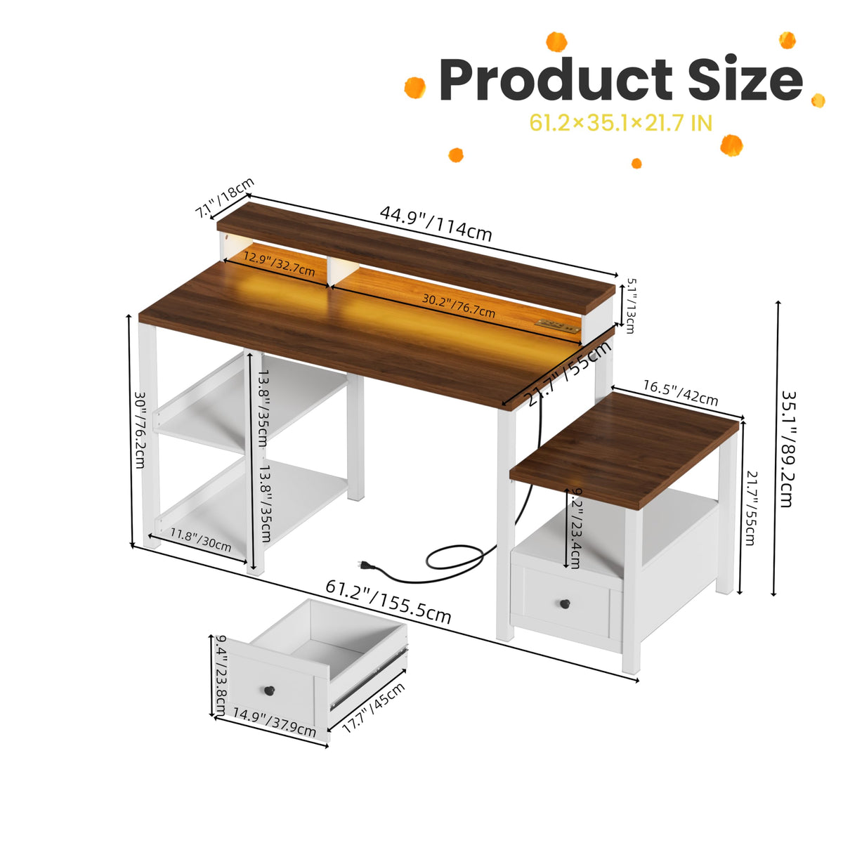 White Farmhouse Office Desk with Drawer & Power Outlets, Wood Computer Desk Monitor Stand for Bedchamber Study, Home Office Table with LED Strip for Working Writing Gamin