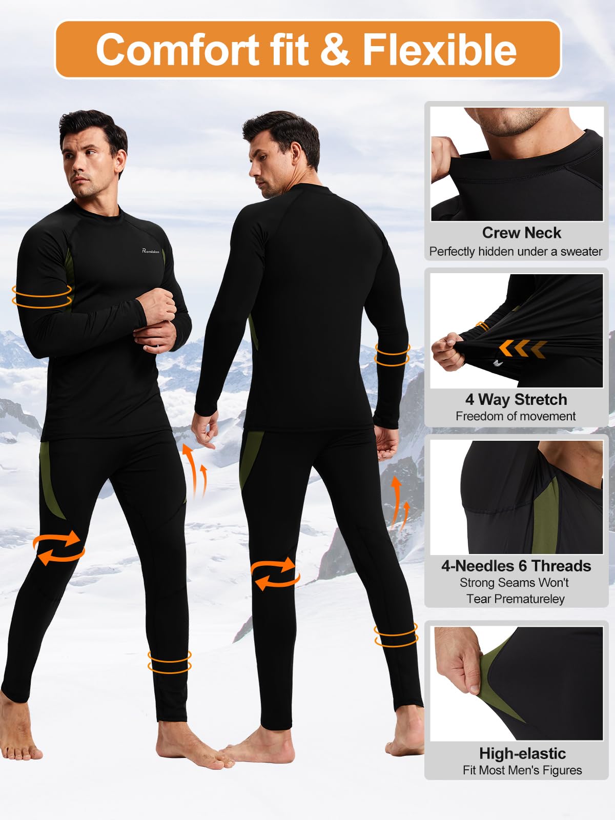 Mens Thermal Underwear Set- Long Johns for Men Base Layer Winter Hunting Gear for Cold Weather A-Black