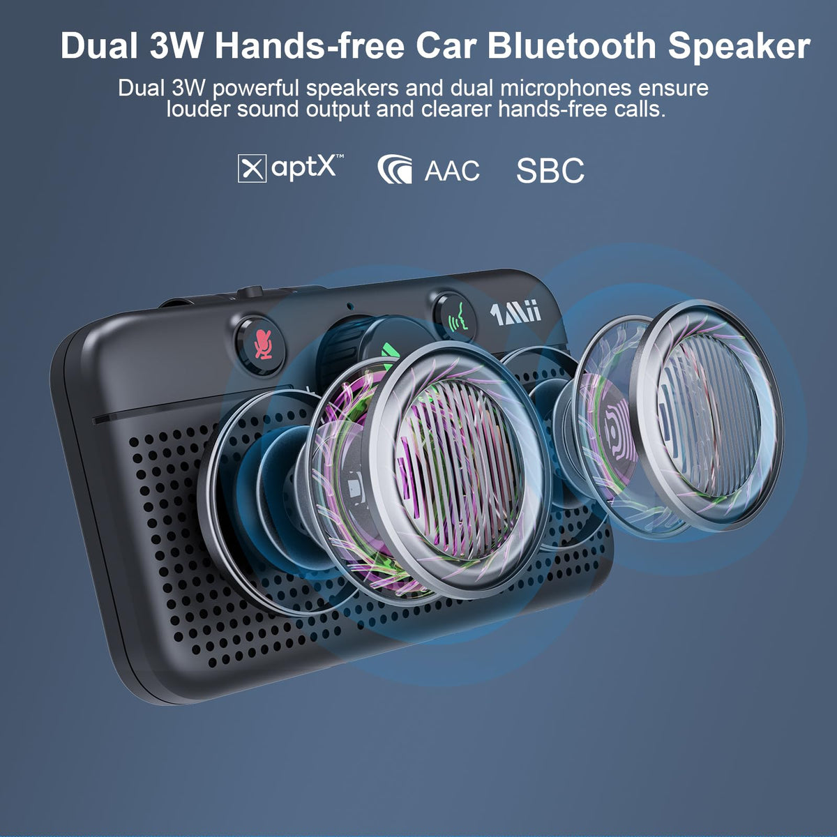 1Mii Bluetooth 5.3 Car Speaker, Handsfree Bluetooth Speakerphone for Cell Phone, Motion Auto On, Support Voice Assistant for Android and iOS, Wireless Audio Car Kit with Visor Clip