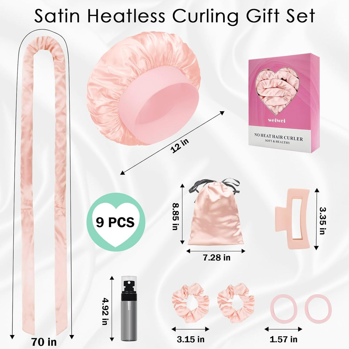 weiwei Satin Heatless Curls Overnight Hair Curler Headband, No Heat Curls Overnight Hair Curlers to Sleep In, 70" Hair Curlers No Heat, 9 Pcs Satin Heatless Curling Set for Women Long Hair