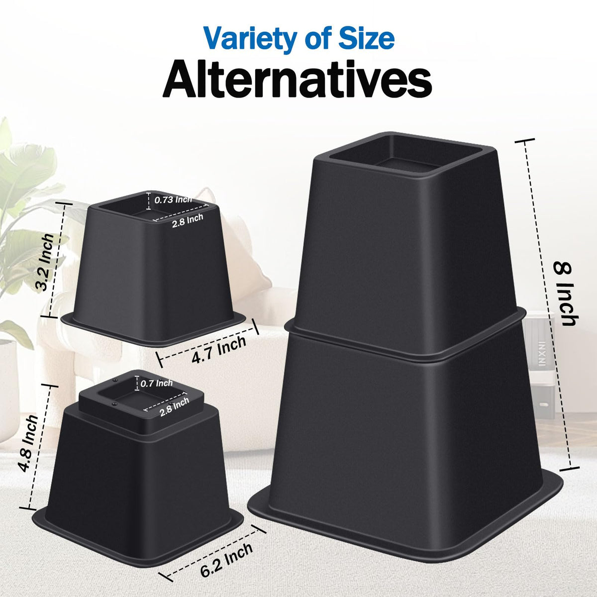 ANNKUT Bed Risers 8 inch Heavy Duty,Elevation in Heights 3, 5, 8 Inch,Adjustable Furniture Risers for Chair Table and Desk Legs Lifting (6 Pack,Black)