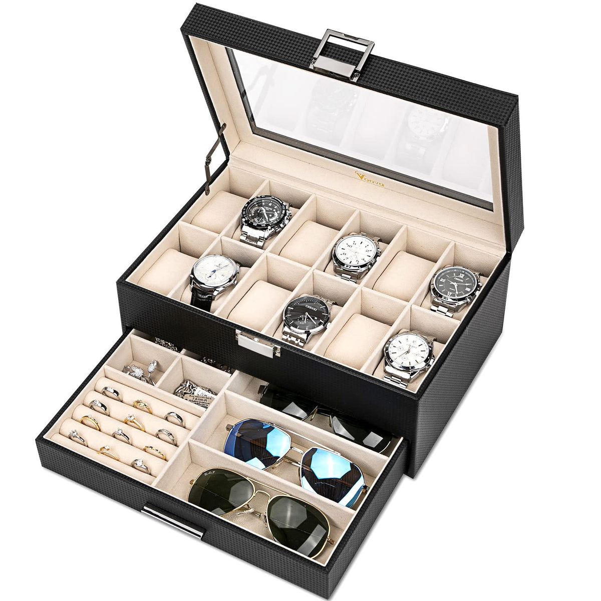 Voova Jewelry Box Organizer for Men Women, 2 Layer Large 12 Slot PU Leather Watch Storage Case, Glass Top Jewelry Display Holder for Watches Sunglasses Rings Necklaces Bracelets,Black