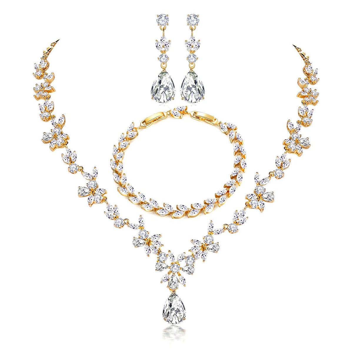 Hadskiss Jewelry Set for Women, Necklace Dangle Earrings Bracelet Set with White Cubic Zirconia, 18K Gold Plated Wedding Party Jewelry for Bridal Bridesmaid