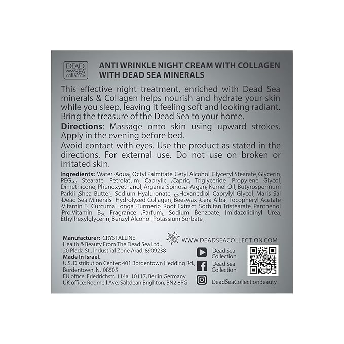 Dead Sea Collection Moisturising Night Face Cream with 3X Collagen – Anti Aging Nourishing Facial Moisturiser with Dead Sea Minerals and Vitamin E for Women and Men – All Skin Types (50 ml)