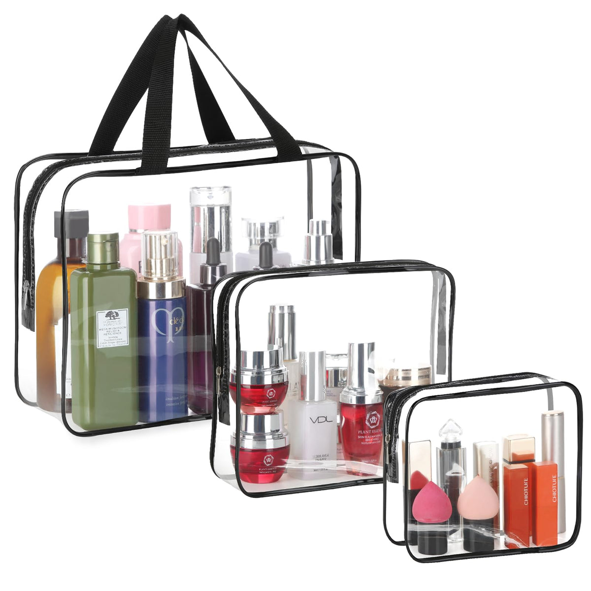 HAOGUAGUA 3 Pieces Large Clear Travel Bags for Toiletries, Waterproof Clear Plastic Cosmetic Makeup Bags, Transparent Packing Organizer Storage Bags (Black)