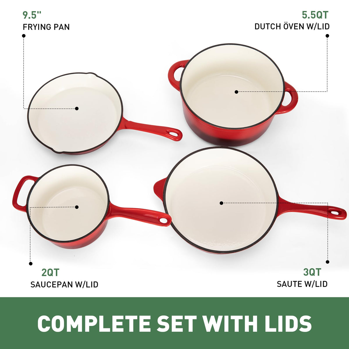 Kitchen Academy Enameled Cast Iron Cookware Set - 7 Piece Ceramic Pots and Pans Set Non Stick, Nonstick Cooking Pans Set, Induction Cookware Sets, Heavy Duty Dutch Oven Safe up to 500ยฐ F