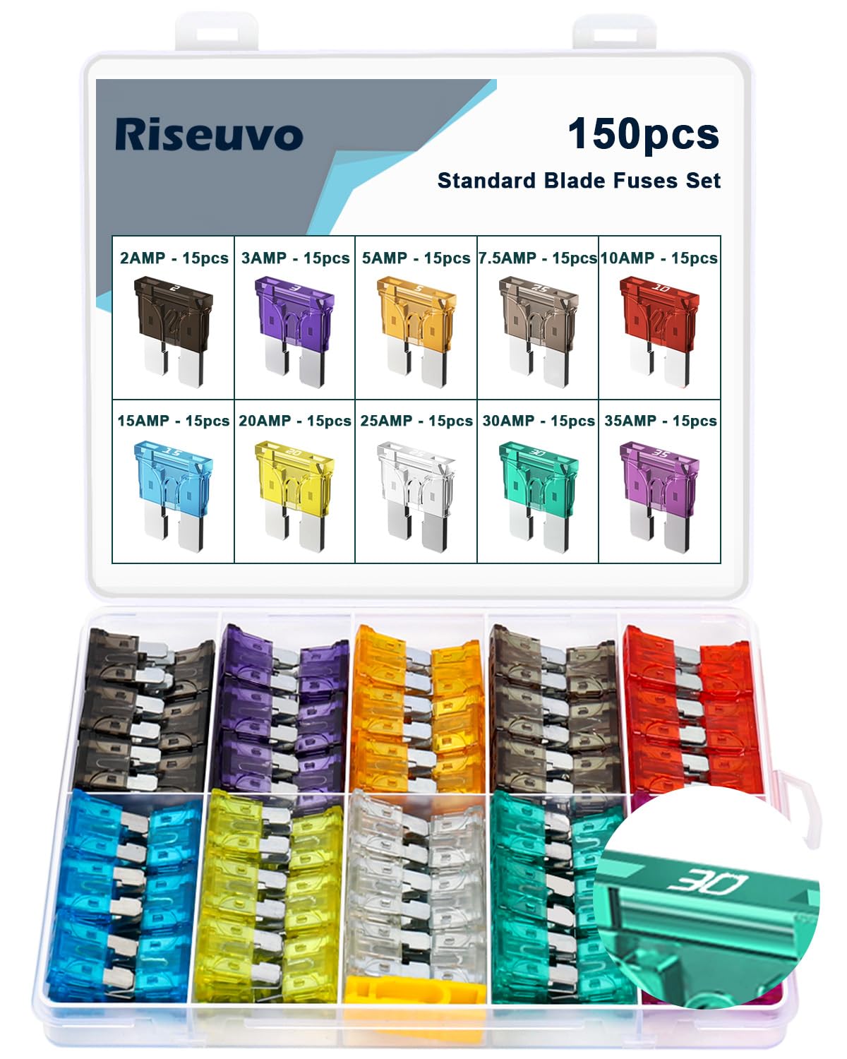 Riseuvo 140 Pcs Low Profile Mini Fuse Kit - Automotive Blade Fuses Assortment Kit for Car, Truck, RV, Boat with Fuse Puller (2A 3A 5A 7.5A 10A 15A 20A 25A 30A 35A)