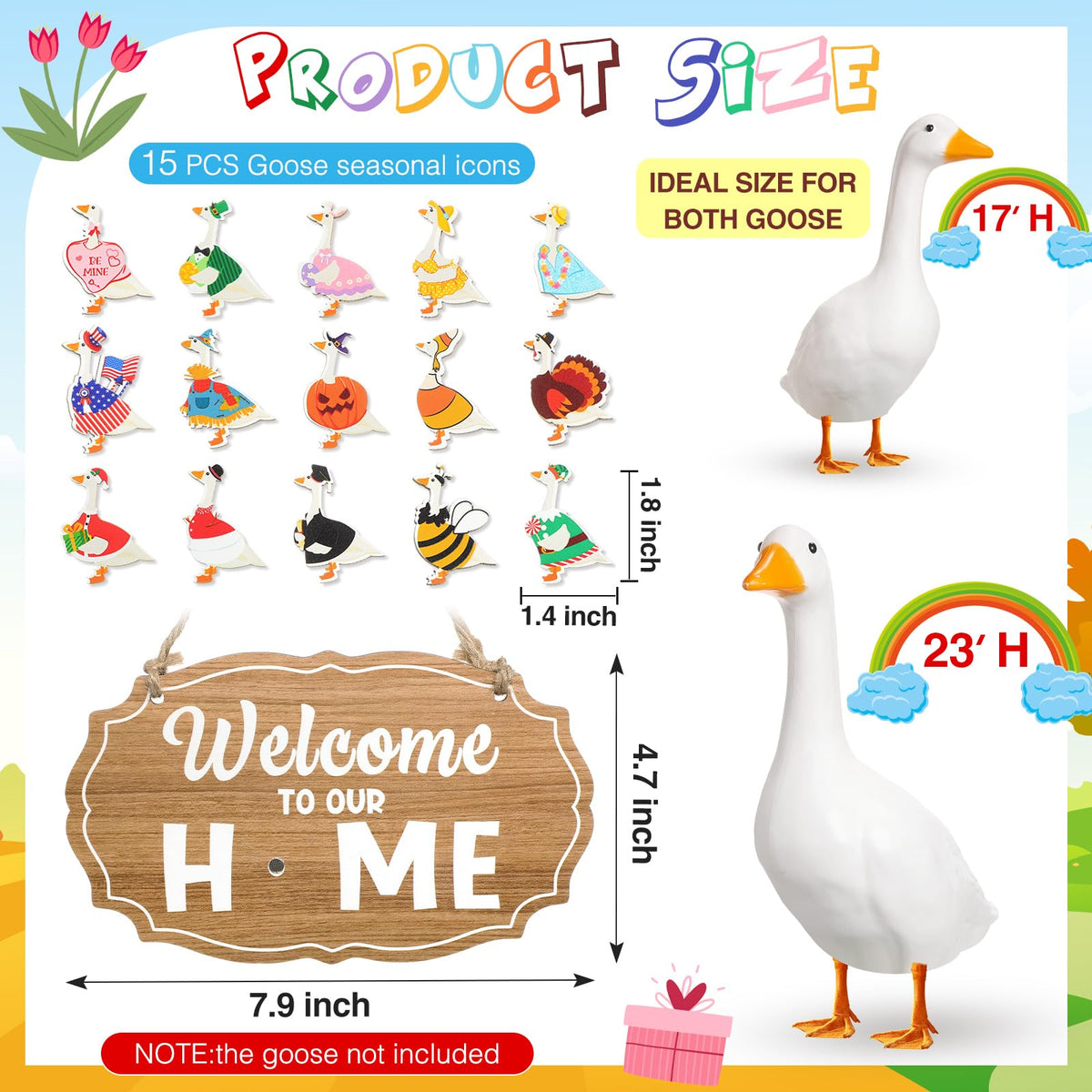 Memorywuu 16 Pcs Interchangeable Porch Goose Welcome Sign Seasonal Holiday Goose Sign with Wooden Holiday Geese Magnetic for 23"Cement Plastic Porch Geese Outdoor Statue Patio(Brown,Oval)