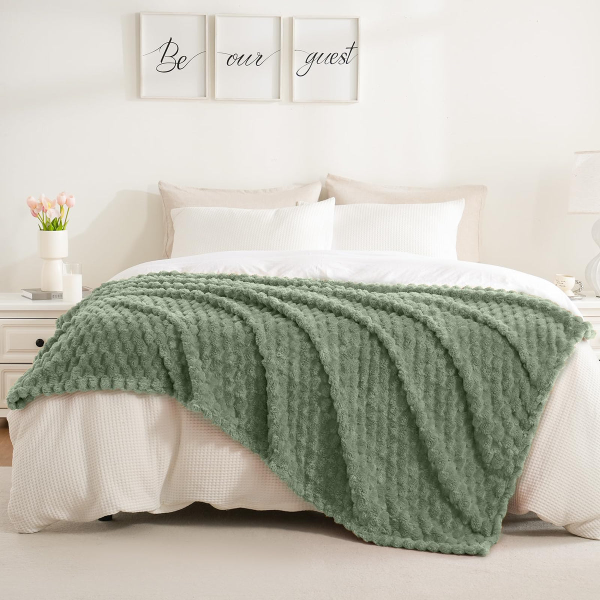 Excervent Flannel Fleece Throw Blanket(60x80 inches), Big 3D Clouds Stylish Hexagon Jacquard Decorative Fuzzy Blankets for Household, Camping, and Travel, Super Soft Cozy, Sage Green