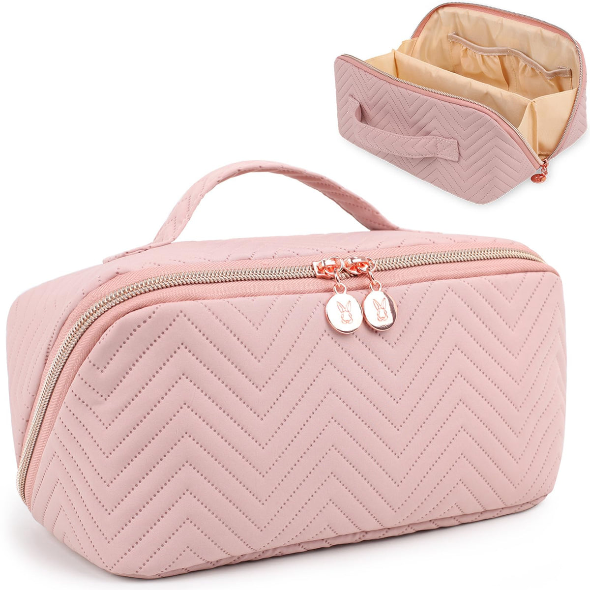 Makeup Bag Cosmetic Bag, Large Capacity Travel Makeup Bag for Women with Portable Pouch Open Flat Water-resistant Toiletry Organizer Bag with Handle Divider(Blue)