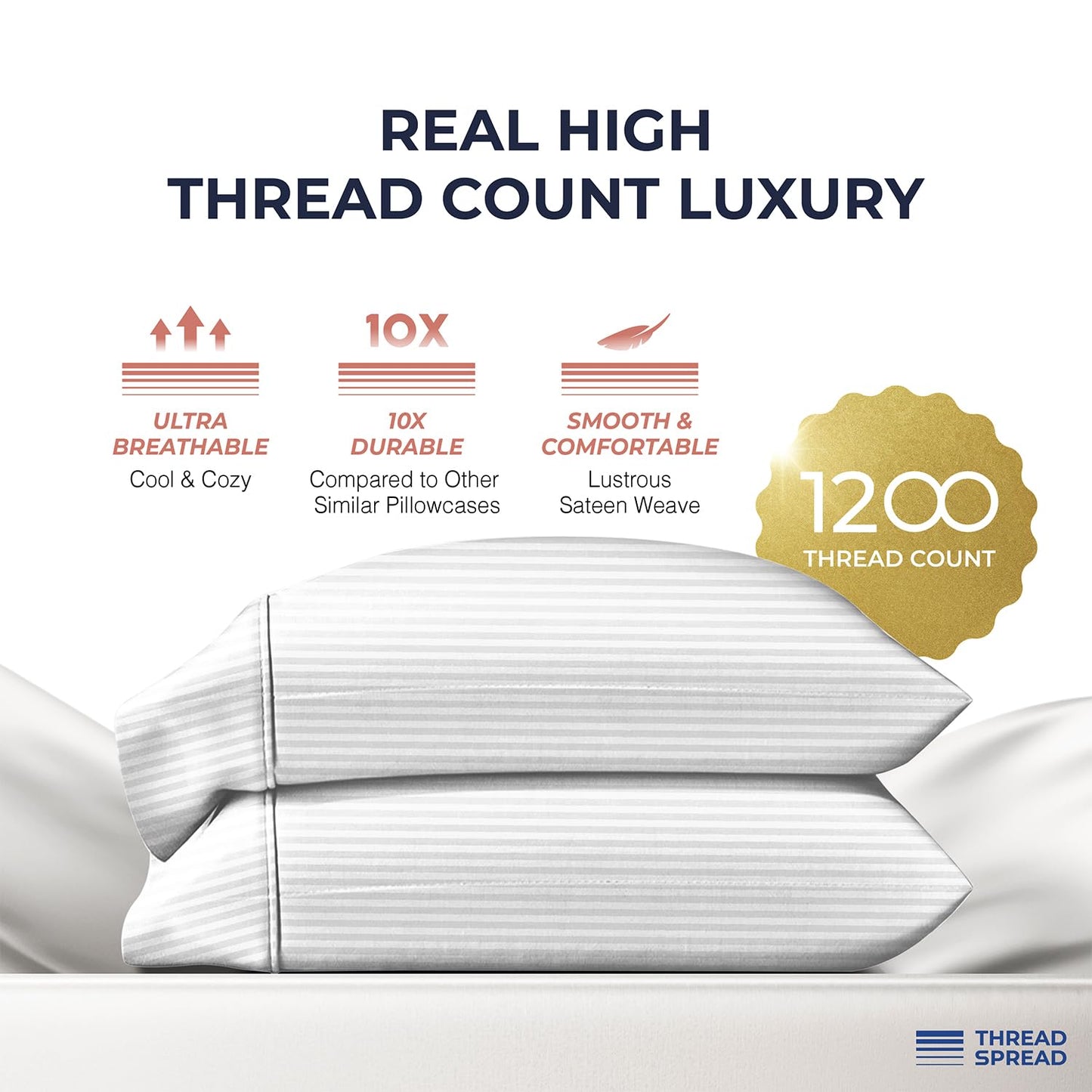 Thread Spread 100% Egyptian Cotton Pillow Cases Standard/Queen Size Set of 2 - Luxury 1200 Thread Count Sateen White Stripe Pillow Cases, Soft Cotton Pillowcases Fits Standard & Queen Pillows