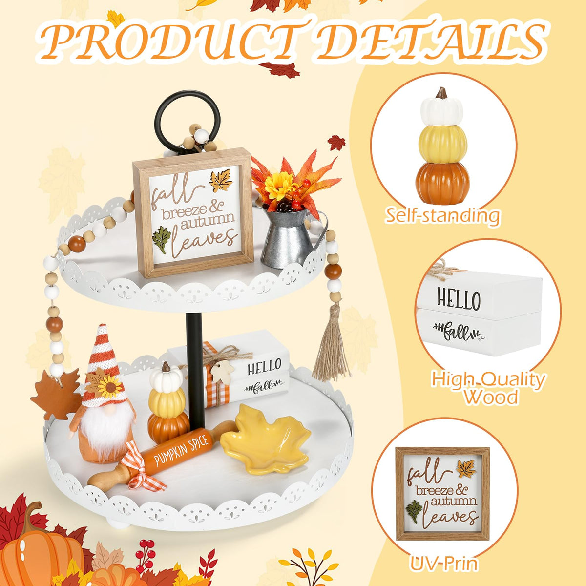 Fall Decorations, 8 PCS Fall Tiered Tray Decor Set, Thanksgiving Harvest Table Centerpiece Pumpkin Gnome Fake Plant Maple Autumn Farmhouse Wood Sign, Indoor Tabletop Decor for Home Office Shelf Mantel
