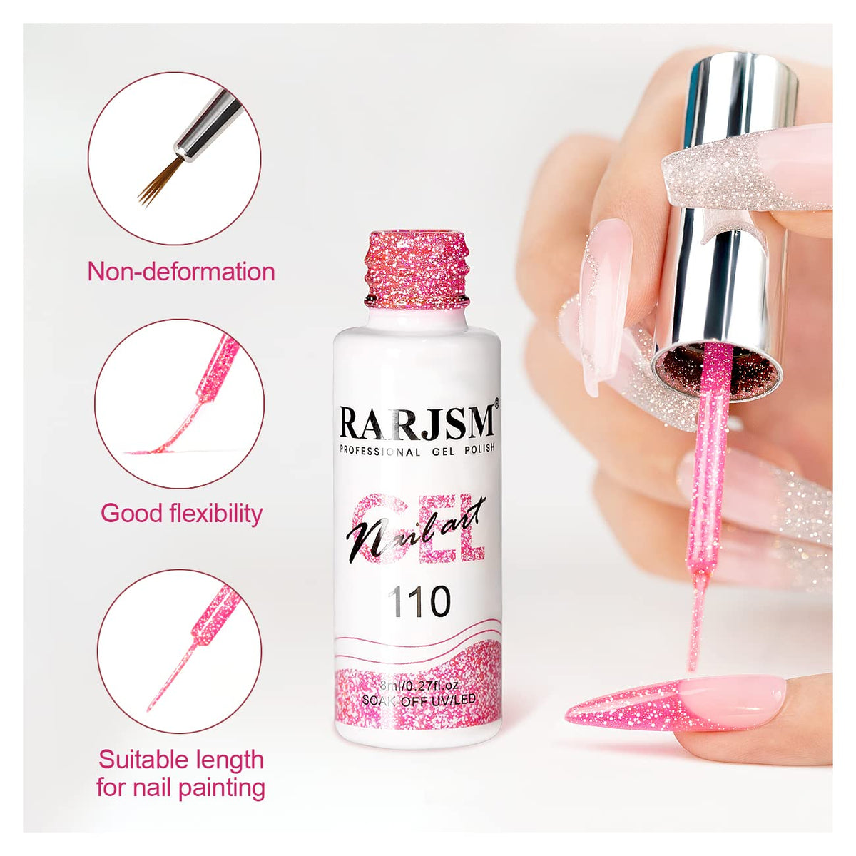 RARJSM Gel Liner Nail Art Reflective Glitter Gel Nail Polish Thin Brush Silver Neon Hot Pink Flash Diamond PaintedGel 2PCS Set Soak off Curing Requires 8ml for Home Salon Diy Nail Design Decoration