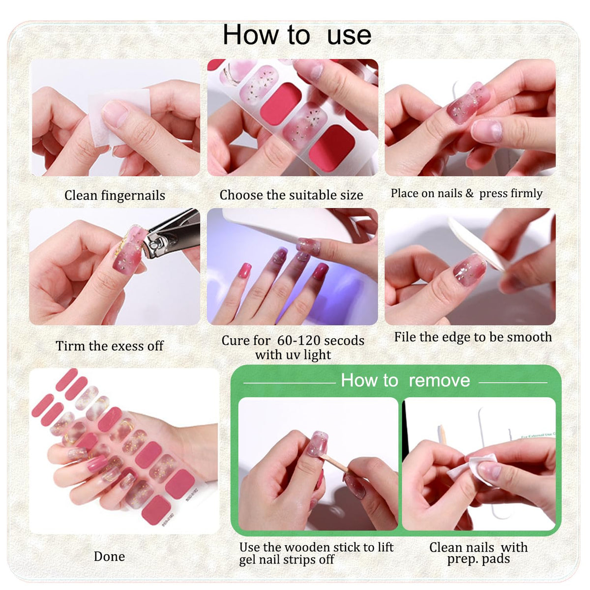 WOKOTO 1 Sheet Semi Cured Gel Nail Strips With Wood Stick, Nail File & Prepared Pads, 20 Tips Shimmery Pink Ombre Semi Cured Nail Polish Strips Stickers, Harden With UV Light Gel Nail Stickers Wraps