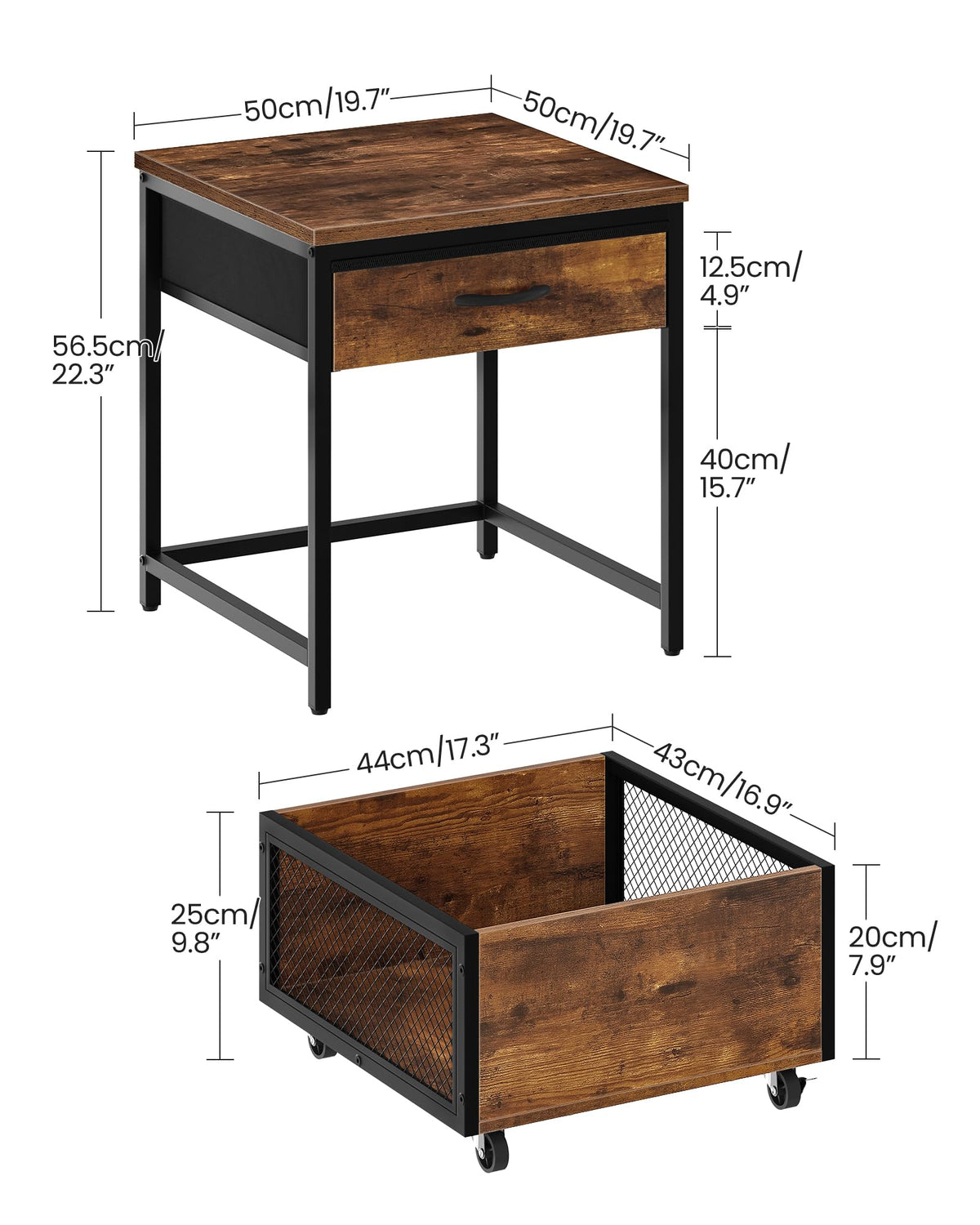 CHOEZON End Table, 19.7 Inch Square Side Table, Mini Fridge Stand with Storage, Nightstand with Mobile Basket Cart, for Living Room, Bedroom, Rustic Brown and Black TBZ55BF