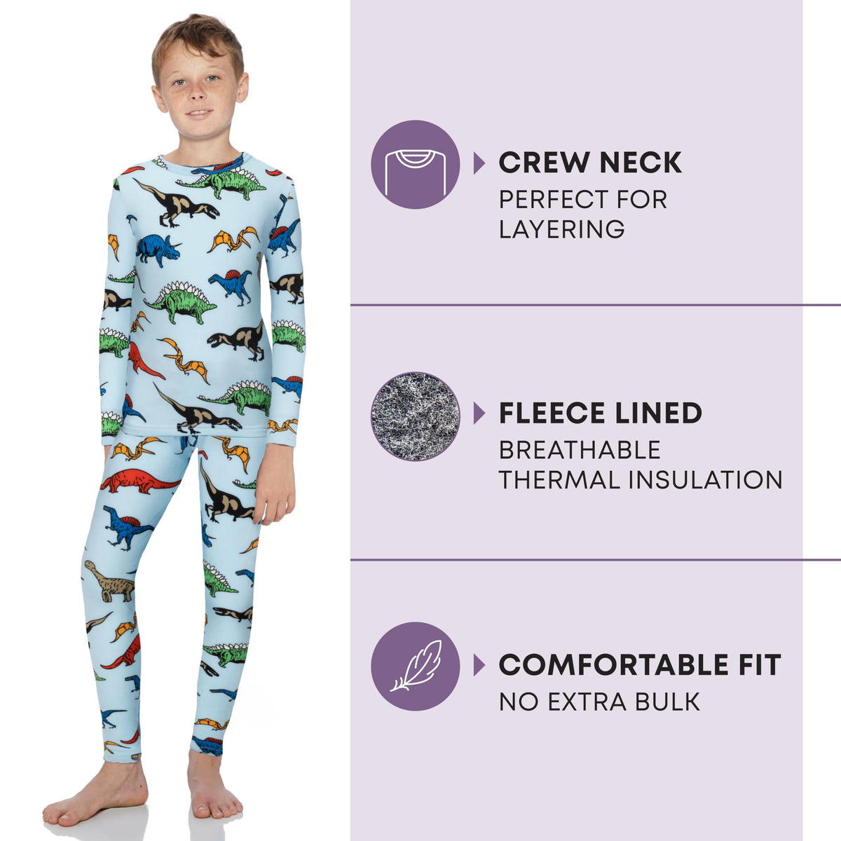 Rocky Thermal Underwear Kids, Boys Thermal Underwear Set Long Johns Thermals Kids Base Layer kids thermals top bottom set Boys Winter Clothes Shirt & Pants, Ski/Extreme Cold (Dinosaur, XX-Small)