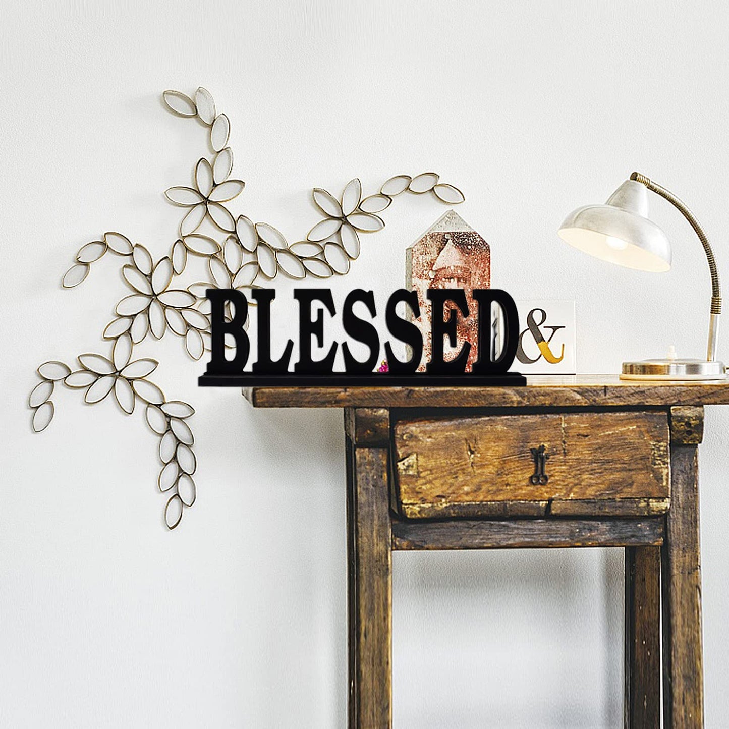 Wood Blessed Sign Indoor Home Decor Cutout Block Letter Farmhouse Table Centerpieces Wooden for Living Room Office Shelf Mantel Decor